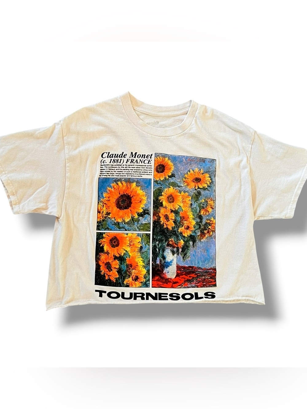 Claude Monet Sunflowers Graphic Tee Sz L Cotton Cream Art History Cropped Shirt
